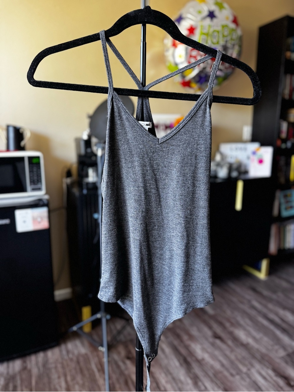 Fashion Nova Charcoal Gray Strappy V-Neck Bodysuit